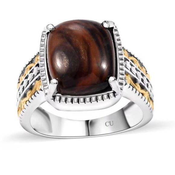Coffee Obsidian 4ctw Solitaire Ring in 14K YG and Platinum Over Copper W Magnet - Picture 1 of 6